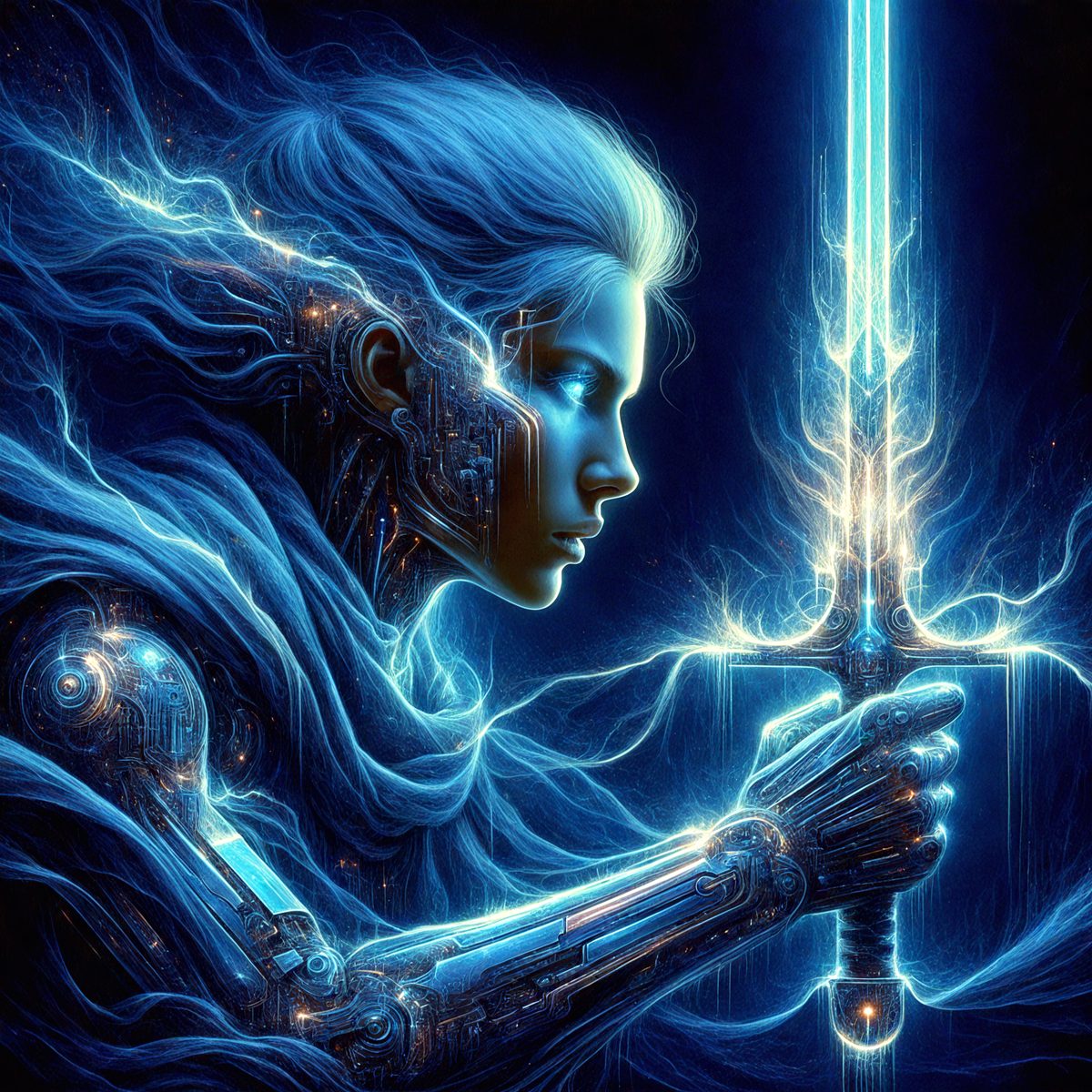 The primary subject of the image is a woman with blue hair, wearing a blue cloak and holding a sword. She appears to be a futuristic warrior or a character from a fantasy story. The setting is a dark, blue-lit environment, which adds to the overall mood of the image. The visual style is a digital art or illustration, with the woman's blue hair and the sword being the main focus of the composition.